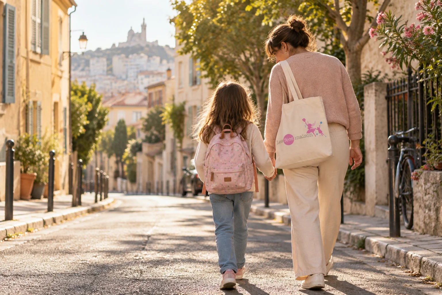 Une professionnelle Les Fées Maison accompagne une petite fille dans une rue ensoleillée de Marseille